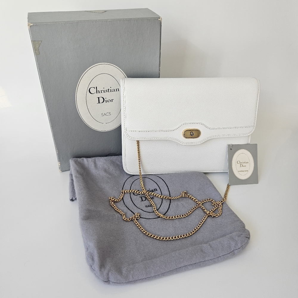 Vintage Dior Leather Shoulder Bag Auth White Medium Women